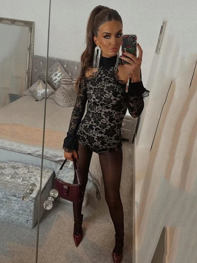 Black Lace Long Flare Sleeve Sexy Rompers Women Fashion Hollow Out Half High Collar Bodysuit Female Elegant Playsuits