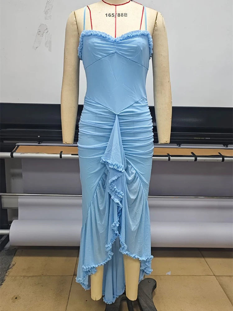 Ruffled Draped Ruched Sexy Maxi Dress For Women Yellow Spaghetti Strap Sleeveless Backless Club Party Sexy Long Dress