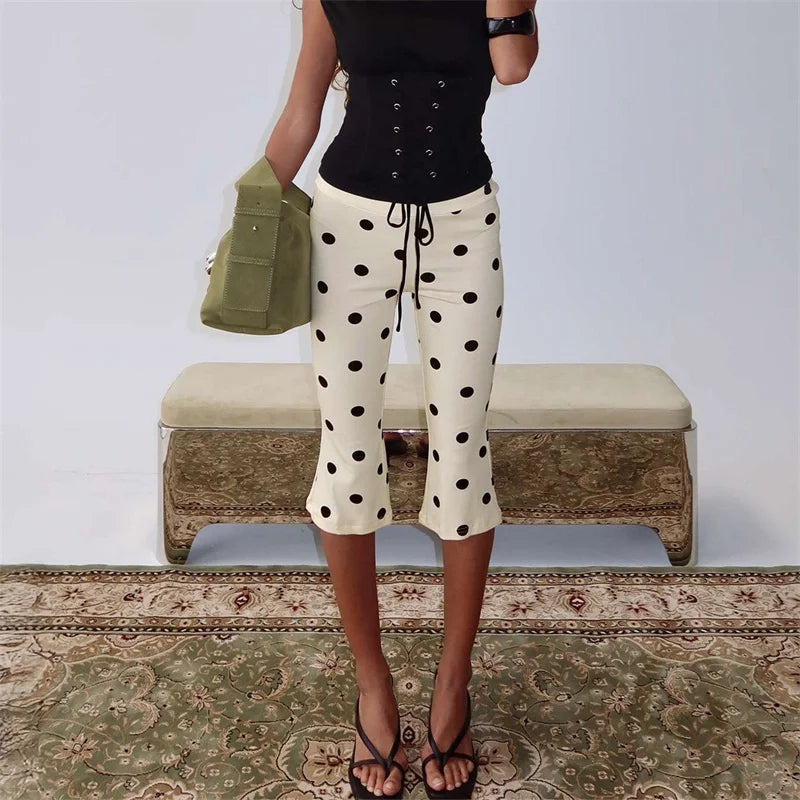 Women Y2K Polka Dot Print High Waist Cropped Pants Slim Fit Bodycon Capri Trousers Retro Streetwear Casual Daily Outfit