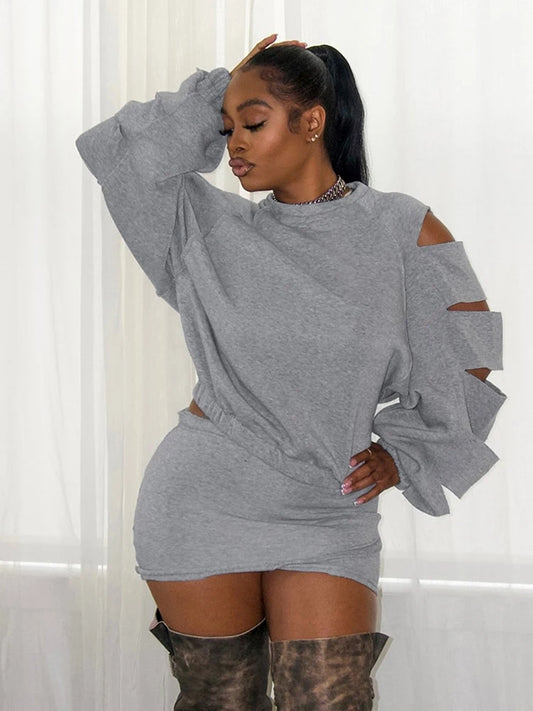 Stretch 2 Piece Set Women Basic Classic Hollow O-Neck Full Sleeve T-Shirt+Cross Skirt Skinny Casuals Trend Streetwear