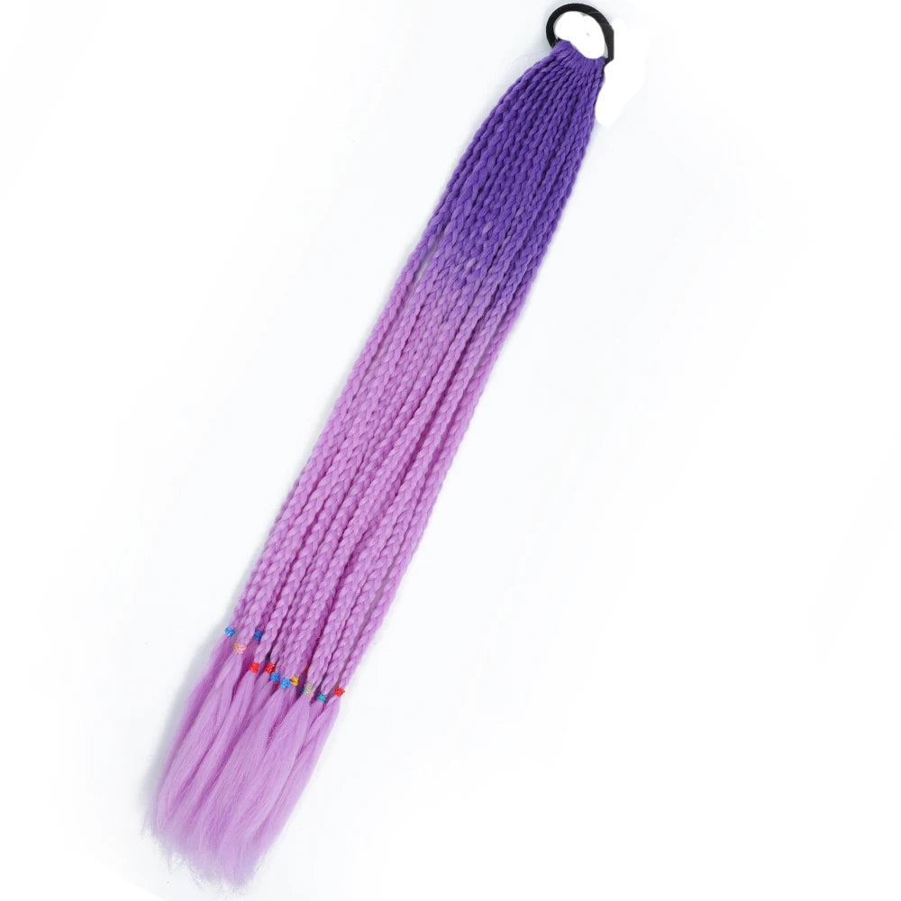Synthetic 24inch Girls Colored Box Braided Ponytail With Elastic Rubber Band Hair Extensions Rainbow Color Box Pigtail Hairpiece
