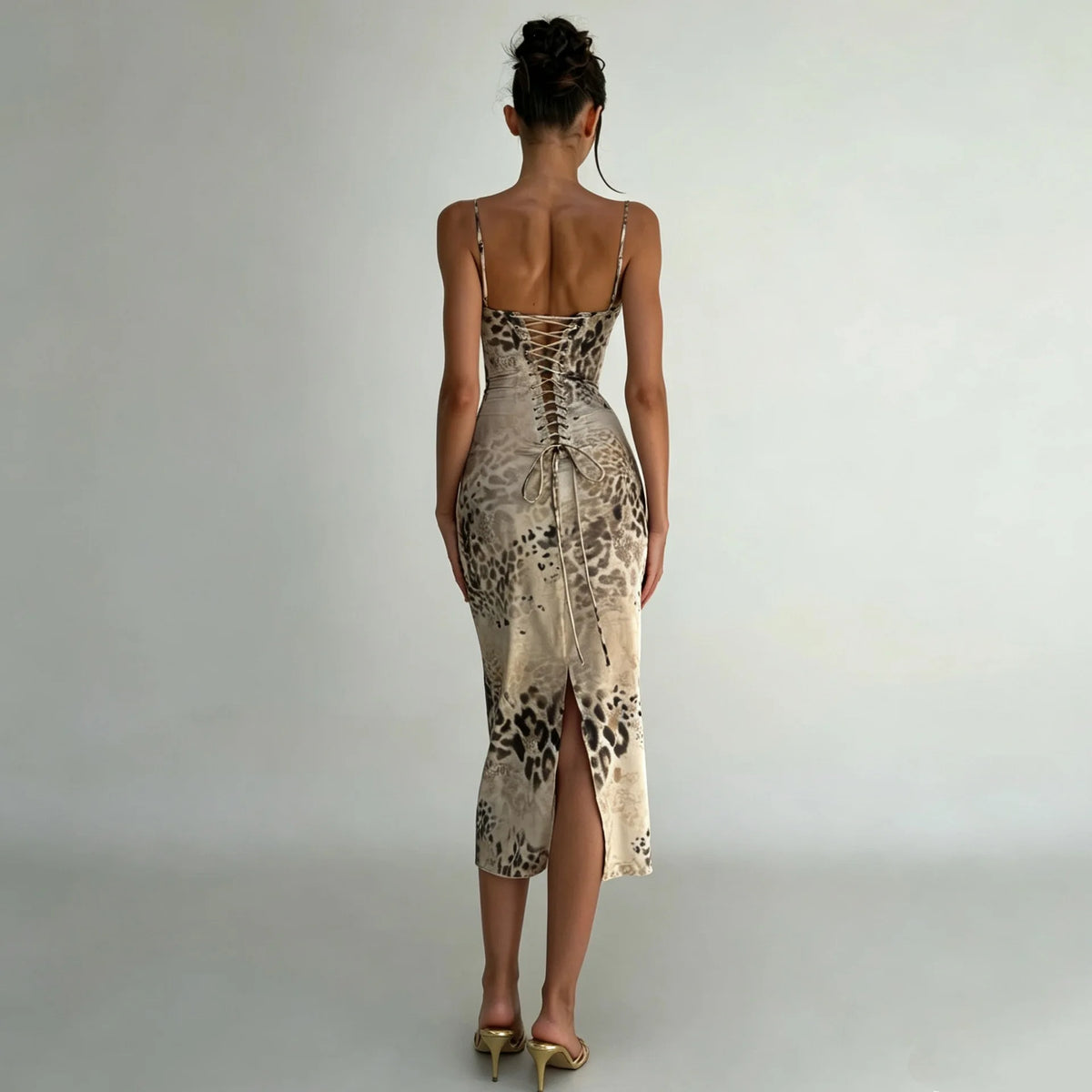 Cheetah Print Bodycon Bandage Dress Woman Elegant Sexy Spaghetti Strap Backless Split Long Dresses