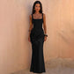 Square Neck Sleeveless Satin Splicing Ruched Maxi Dress Burgundy Black Elegant Evening Dresses Wedding