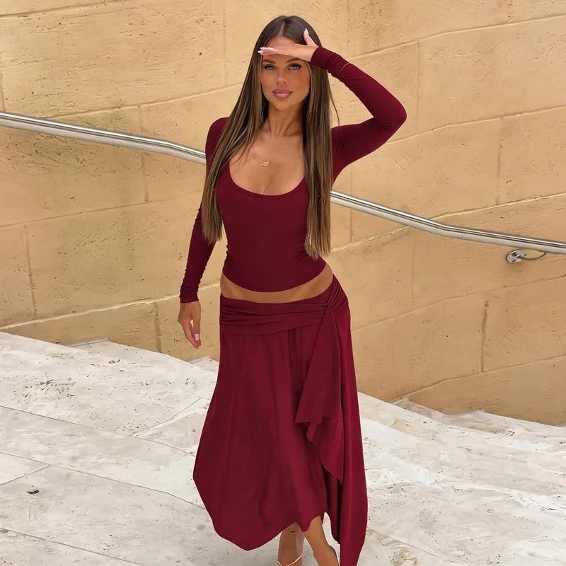 2 Piece Sets Long Sleeve Top and Matching Asymmetrical Midi Skirt Coords Set for Woman Elegant Fall Outfits