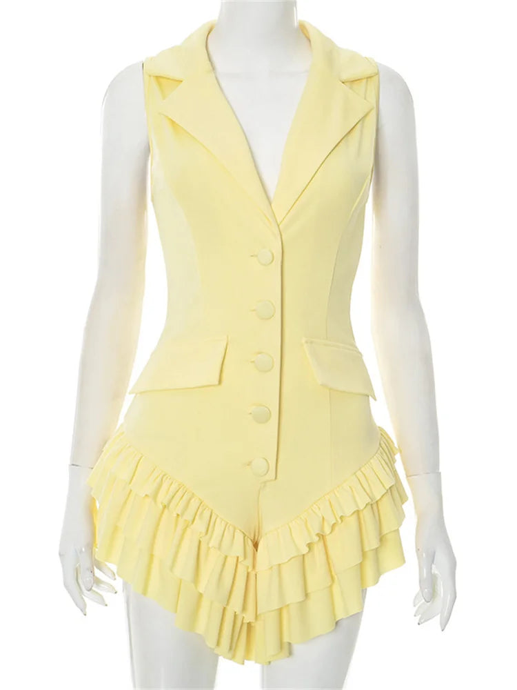 Solid Tierred Playsuits Women Lapel Neck Single-Breasted Sleeveless Skinny Peach Hip Hot Girls Street Hipster Romper