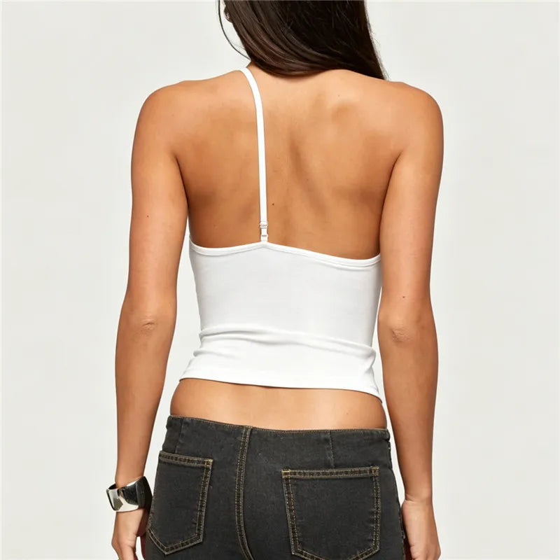 Women's Asymmetrical Halter Top Lace V-Neck Cutout Sleeveless Slim Fit Y2K Cropped Camisole for Party Night Out
