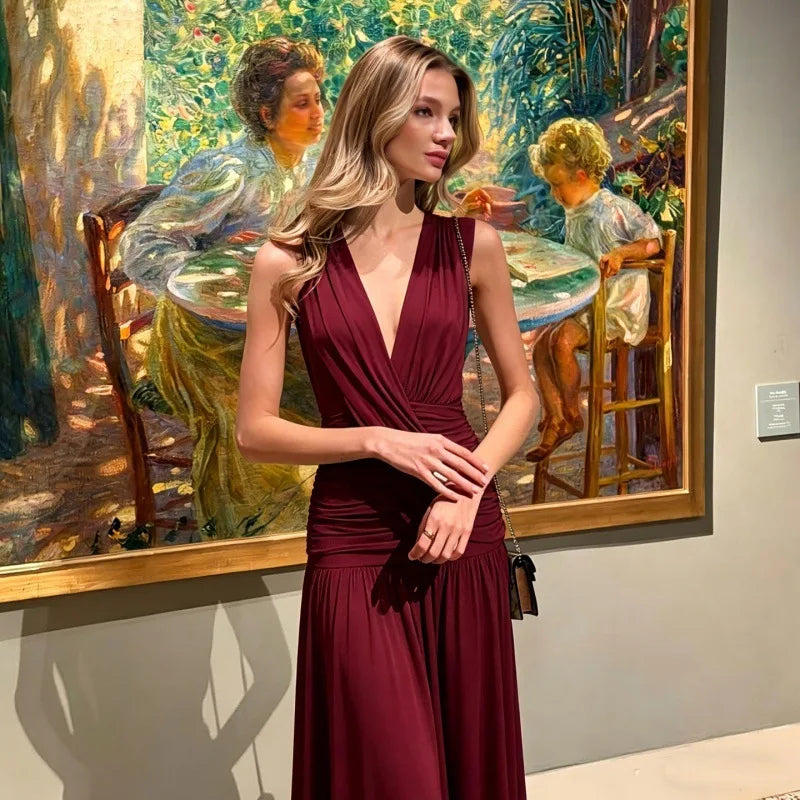 Elegant Ruched Sleeveless Deep V Neck Maxi Dress Birthday Party Dresses for Woman Clothing 2026