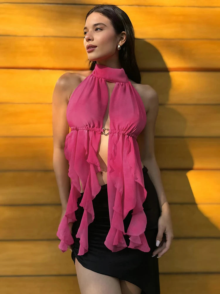 Sexy Tank Tops Women Tassel Irregular Hem Halter Lace-Up Love Metal Ring Skinny Backless Sleeveless Midnight Camisole