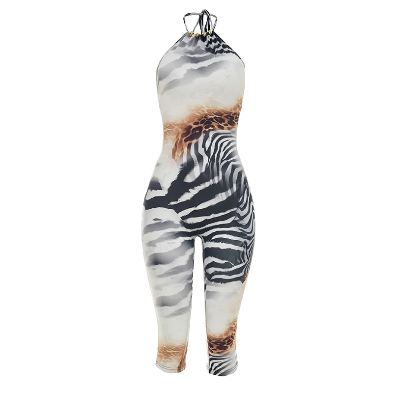 Halter Backless Rompers Woman Summer Zebra Stripes Patchwork Sleeveless Skinny Peach Hip Streetwear Sexy Playsuit