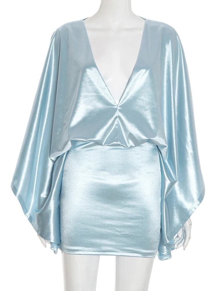 Sexy Classic Satin Dress Women Y2K Elegant Peach Hip v-Neck Bat Sleeves Birthday Party Clubwear Skinny Mini Bodycon
