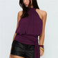 Elegant Plum Purple Halter Top Women Open Back Sleeveless Blouse Tie Waist Flowy Top For Office Commute And Casual Wear