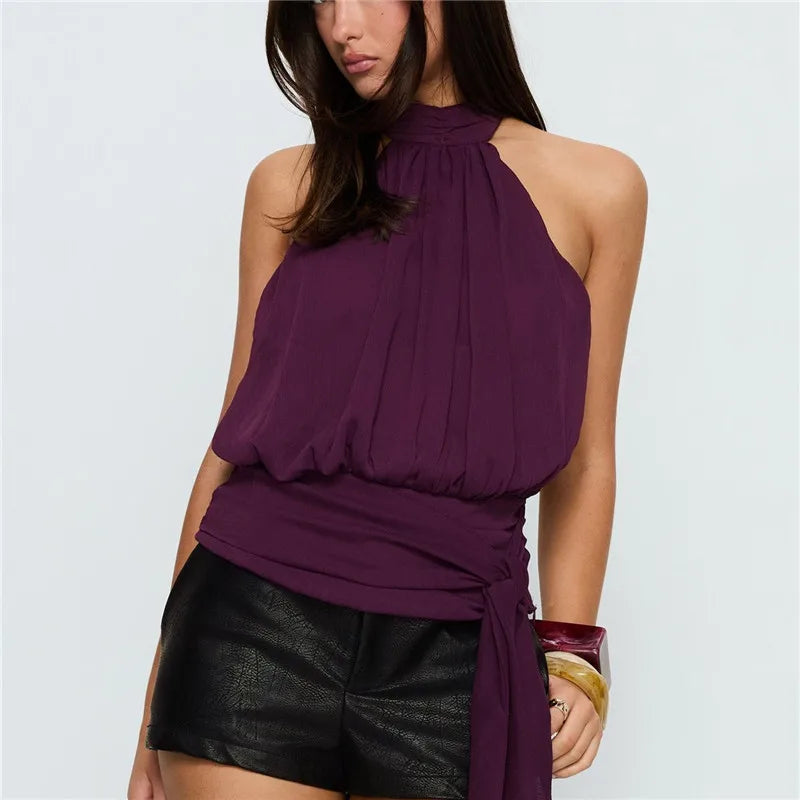 Elegant Plum Purple Halter Top Women Open Back Sleeveless Blouse Tie Waist Flowy Top For Office Commute And Casual Wear