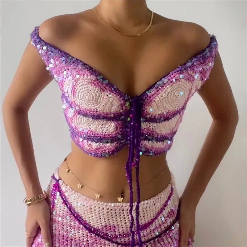 Women's Butterfly Shape Sequin Crochet Crop Top Sexy Off Shoulder Backless Tie Up Knit Top Y2K Rave Festival Outfit