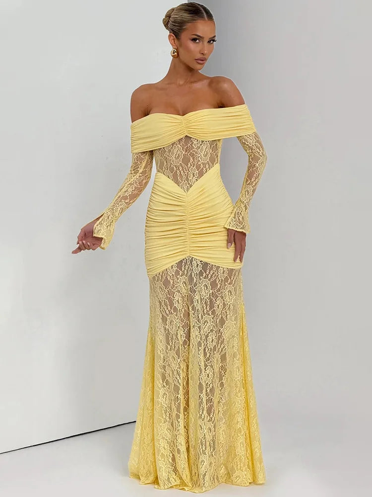 Off-shoulder Long Sleeve Sexy Maxi Dress Women Fashion Lace See Through Strapless Backless Bodycon Club Party Dresses