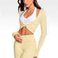 Womens Workout Tops Long Sleeve Deep V Neck Solid Color Twist Front Slim Fit Cropped Shirts for Gym Yoga Ballet Pilates