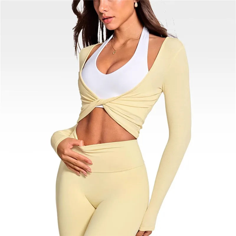 Womens Workout Tops Long Sleeve Deep V Neck Solid Color Twist Front Slim Fit Cropped Shirts for Gym Yoga Ballet Pilates