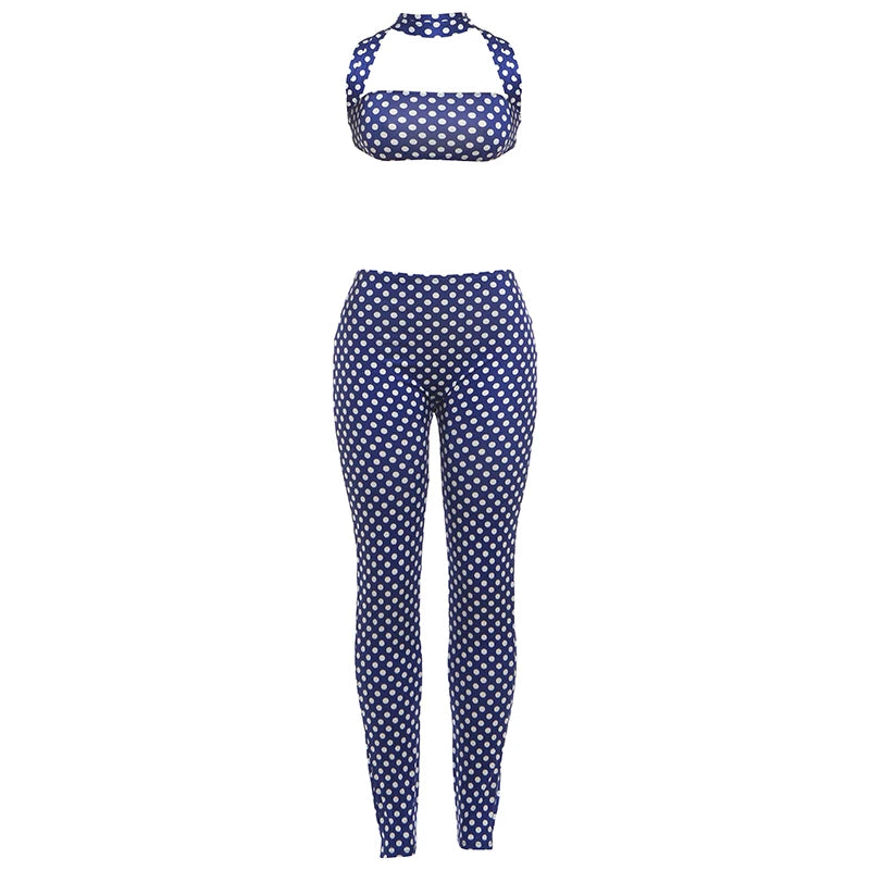Dot Print Women 2 Piece Set Tracksuit Sexy Backless Halter Tank Tops+Leggings Matching Streetwear Stretch Outfits
