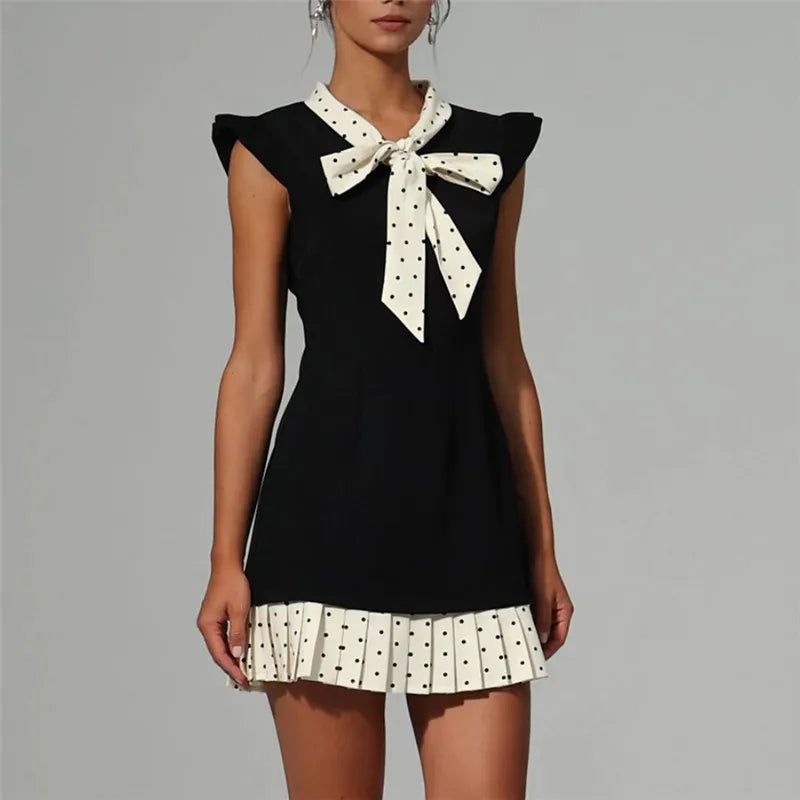 Women's Y2K Dots Print Patchwork Mini Dress Summer Fashion Flying Sleeve Bow Tie Neck Pleated Hem Short Dress
