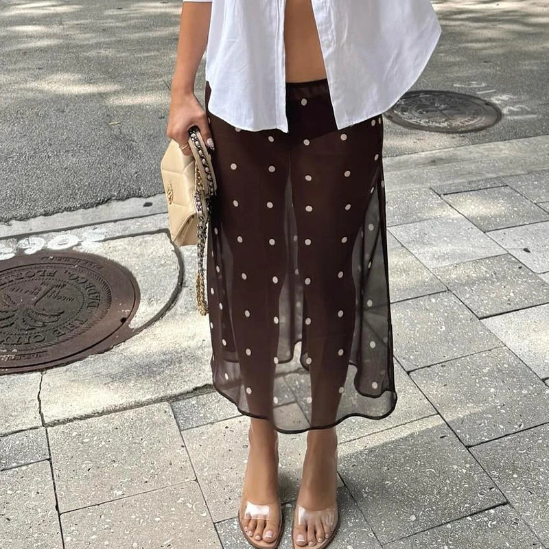 Women Polka Dot Sheer Midi Skirt Sexy See Through Low Rise Long Skirt Flowy Mesh Cover Up Maxi Skirts Beachwear