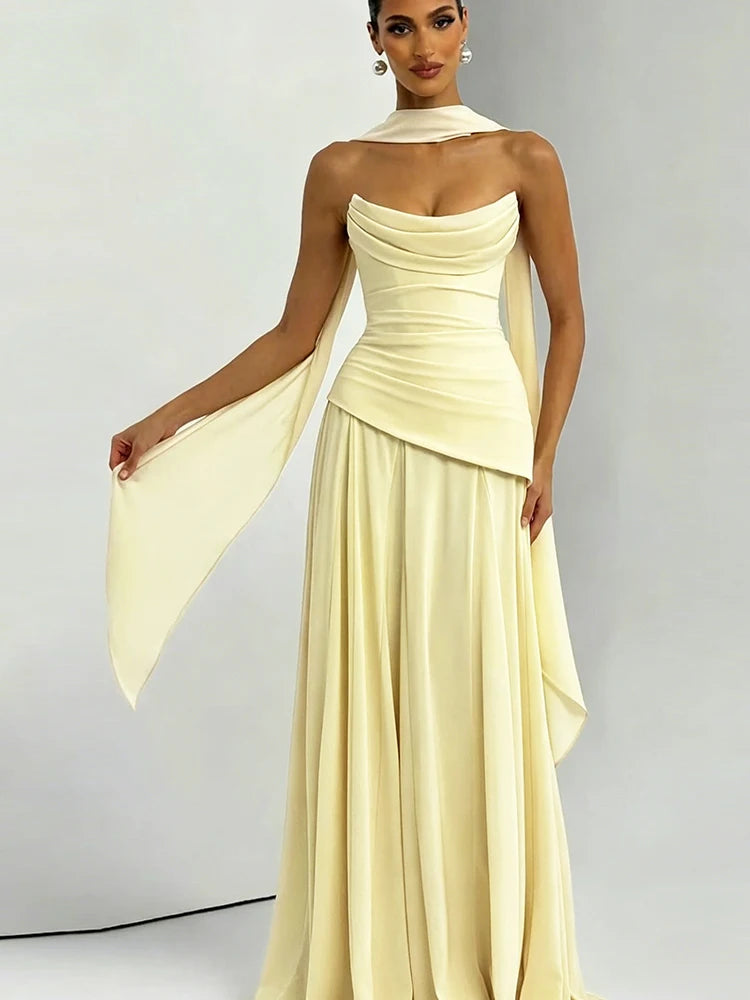 Elegant Solid Scarf+Maxi Dress Women Low-Neck Folds Sleeveless Skinny Wedding Party Vacation Matching Summer Suit