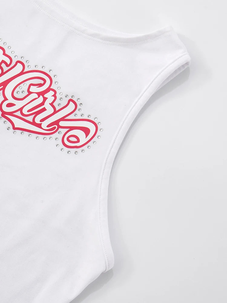 Casual Women Tracksuit 2 Piece Set Monogram Print Diamond Appliques Tank Tops+Pants Matching Sporty Tight Outfits