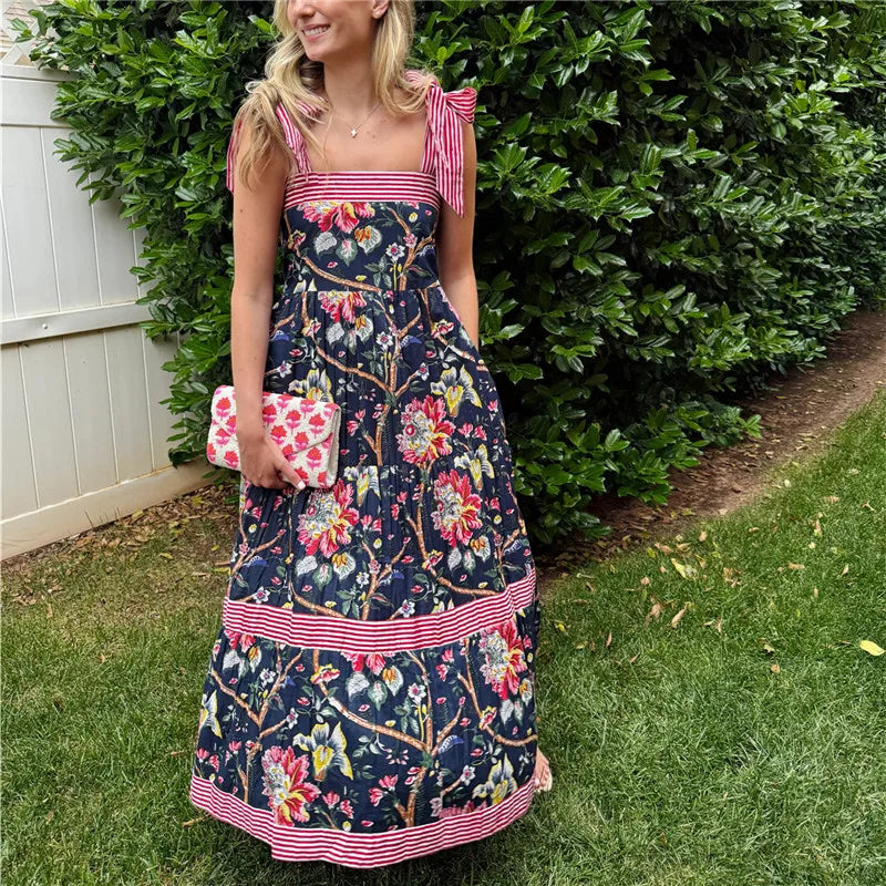 Women Summer Boho Maxi Dress Vintage Floral Tie Shoulder Flowy Long Dress Square Neck Ruffle Tiered Beach Sundress