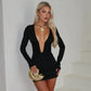 Sexy Black Bodycon Dress Deep V Neck Long Sleeve Mini Dresses Club Outfits Fall Winter Woman Fashion