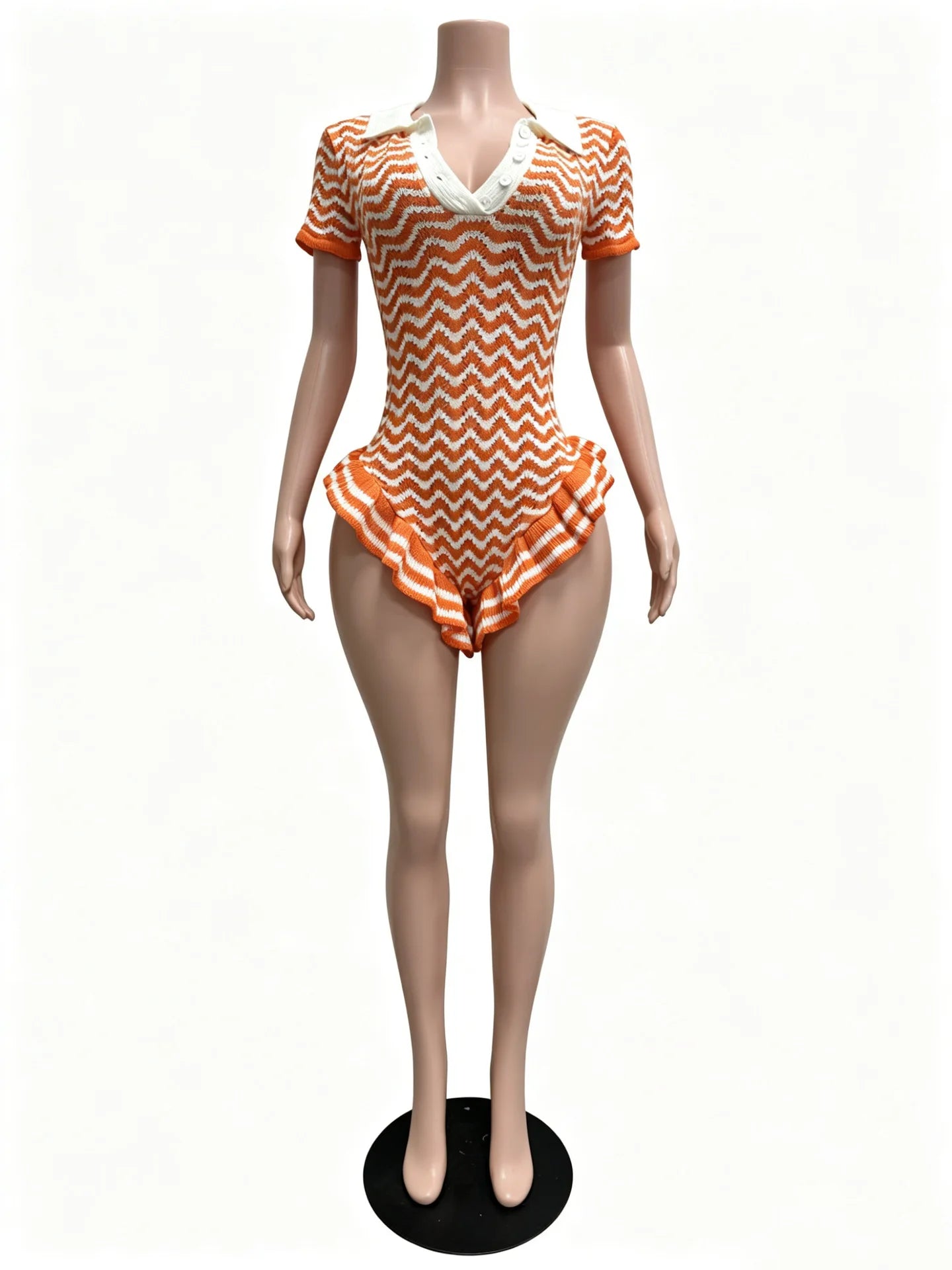 Ruffled Edge Knit Romper Women Sexy Single-Breasted Turn Down Collar Short Sleeve Fashion Trend Party Street Playsuit