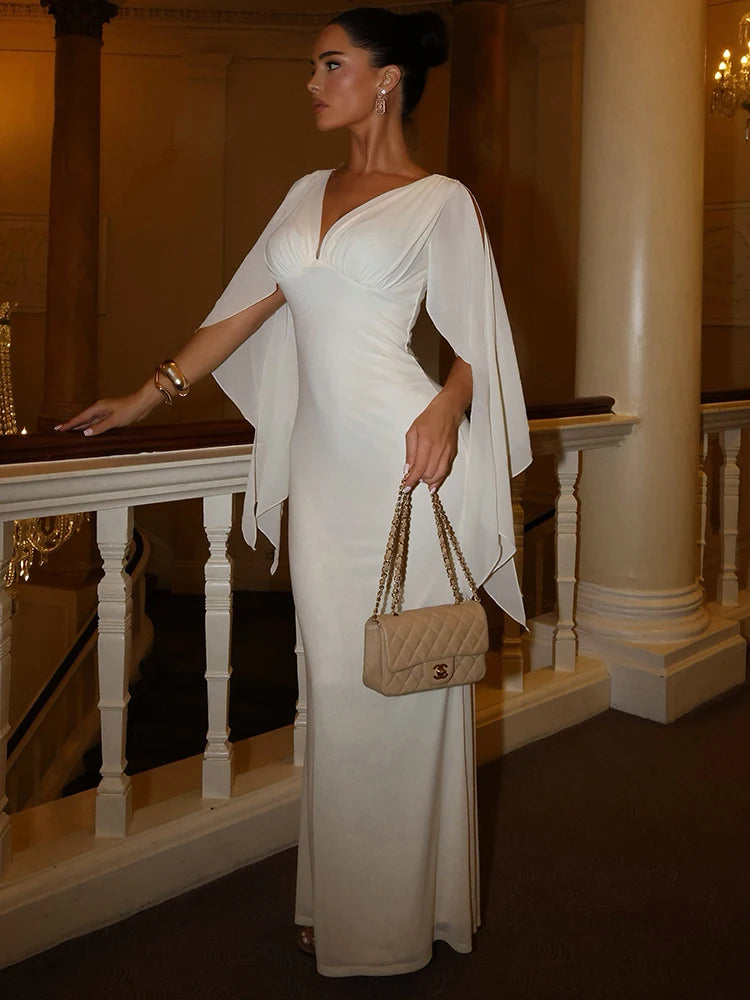 Women Deep V Neck Flutter Sleeve Maxi Dress Cape Sleeve Mermaid Evening Elegant Wedding Guest Long Party Dress Vestidos