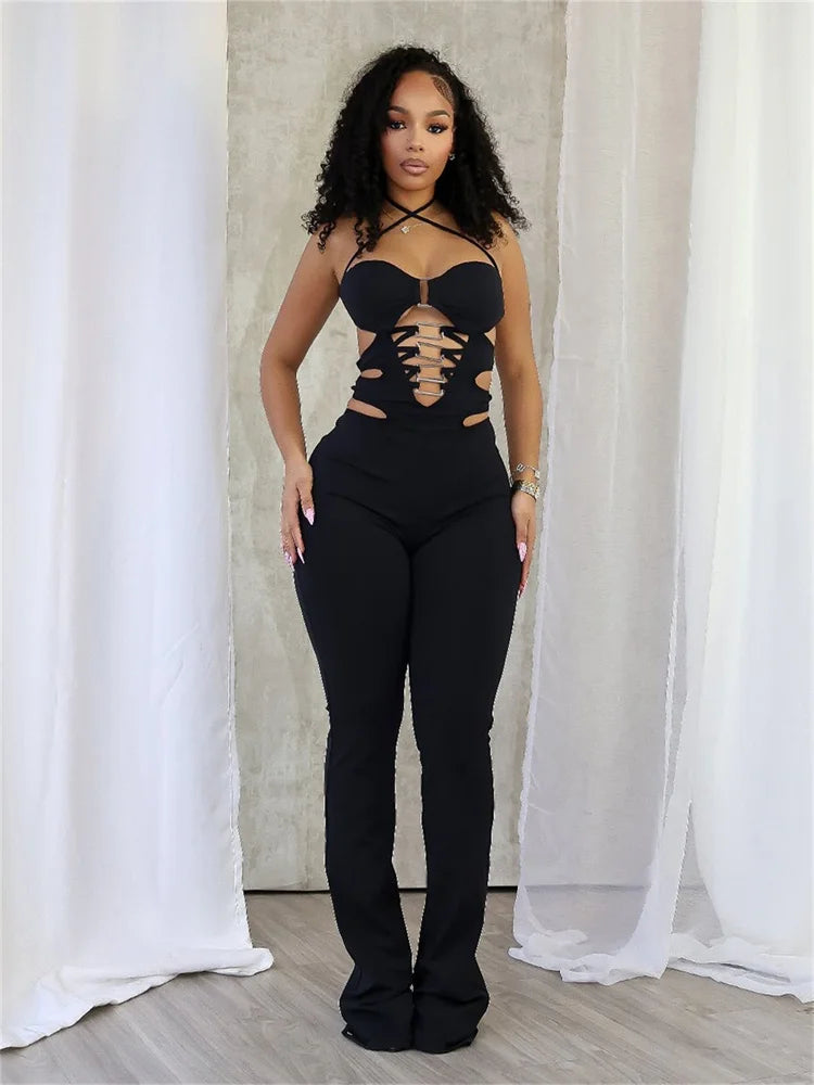 Hollow Cross Halter Jumpsuit Backless Sleeveless Square Metal Rings Peach Buttocks Midnight Sexy Workout Overalls