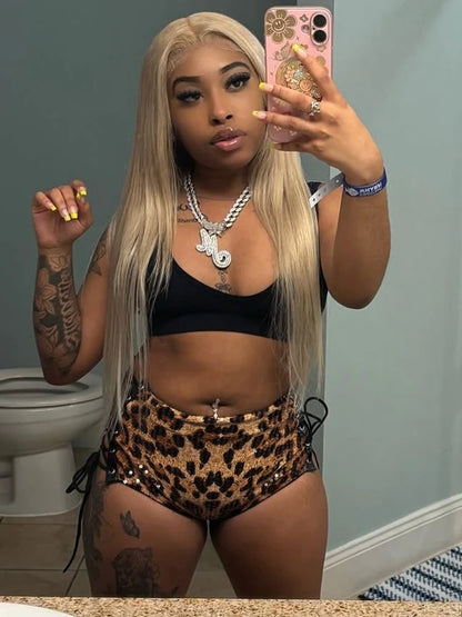 Sequins Shorts Women Y2K Leopard Print Hollow Midnight Sexy Hottie Side Shirring Summer Wild Fashion Classic Bottoms