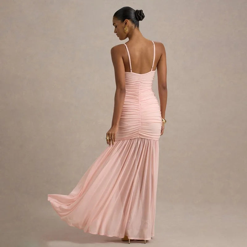 Deep V Neck Sleeveless Backless Pleated Long Dresses See Through Mesh Patchwork Elegant Party Dresses