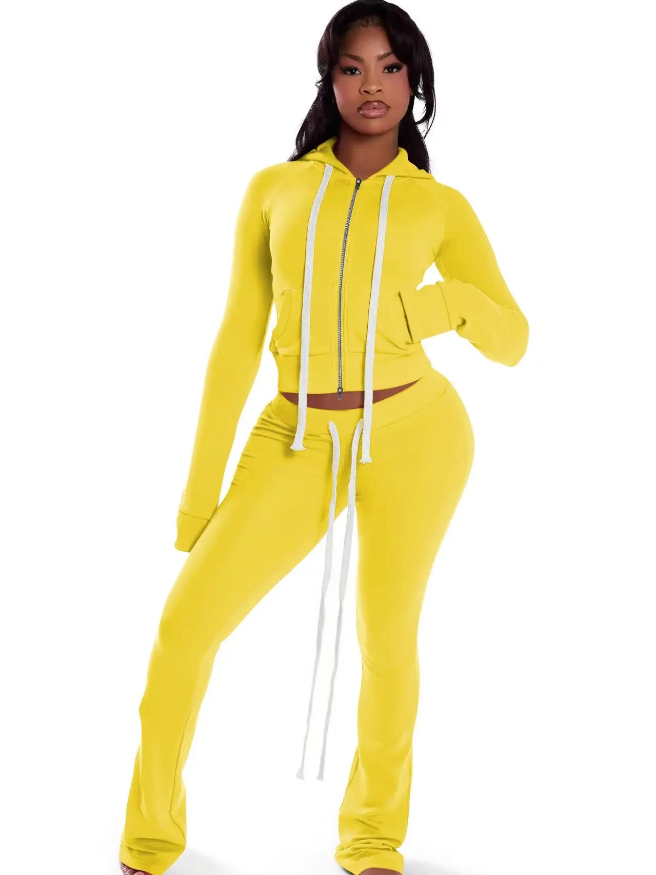 Sporty Casual 2 Piece Set Women Tracksuit Hooded Full Sleeve Zip Crop Jacket+Shirring Pants Basic Stretch Streetwear