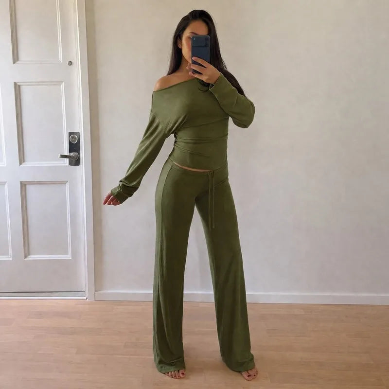 Woman Clothing Set 2 Piece Drawstring Sweatpants and One Shoulder Long Sleeve Top Casual Fall Outfits C56-CG34