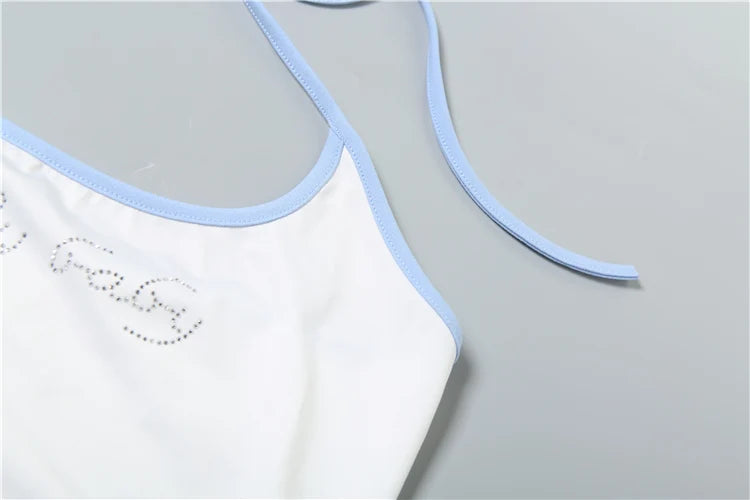 Letter Print 2 Piece Set Women Halter Bandage Crop Tops+Drawstring Stretch Flare Pants Vacation Casual Simple Suits