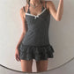 Summer Women Striped Polka Dot Print Bodycon Mini Dress Lace Trim Spaghetti Strap Ruffle Hem Bow Y2K Coquette Dress