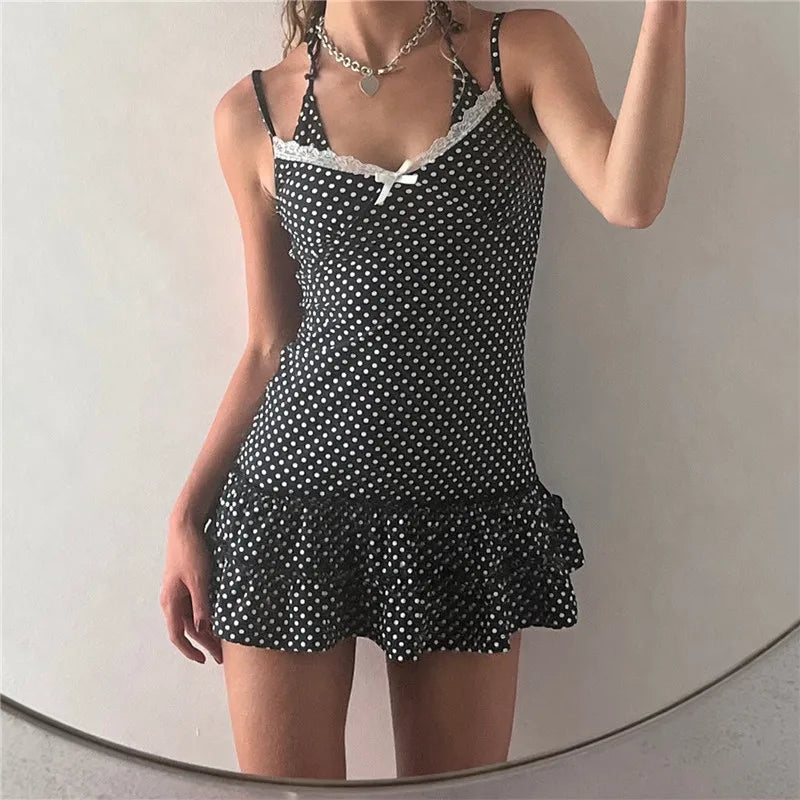 Summer Women Striped Polka Dot Print Bodycon Mini Dress Lace Trim Spaghetti Strap Ruffle Hem Bow Y2K Coquette Dress