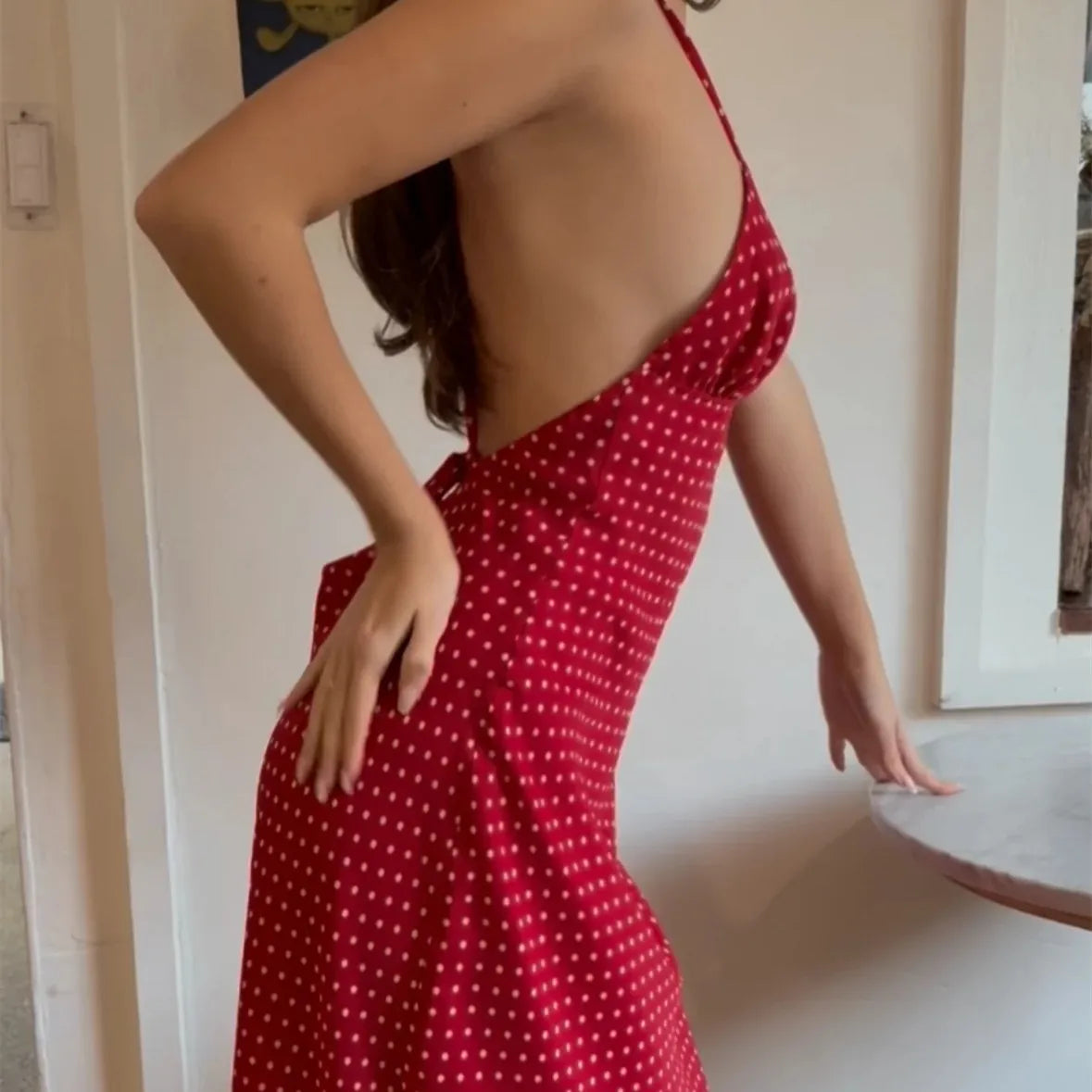Women Polka Dot Summer Sundress Y2k V Neck Tie Back Spaghetti Strap Maxi Dress 2025 Slim Fit A Line Beachwear