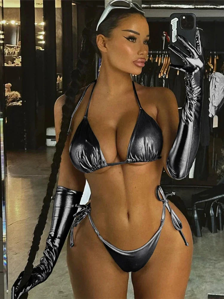 Sexy Metallic 2 Piece Bikini Sets Halter Tie Swimsuit Woman 2023 Summer Outfit Beach Wear New In Matching Sets
