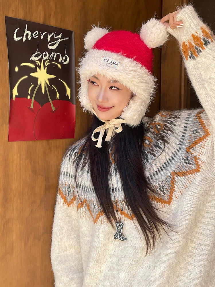 Y2K Cute Plush Hat Ear Flap Solid Tie Beanie For Women