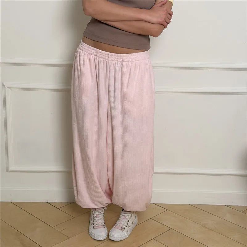 Women Waffle Knit Harem Pants Elastic High Waist Loose Baggy Tapered Joggers Solid Casual Loungewear Streetwear Trousers