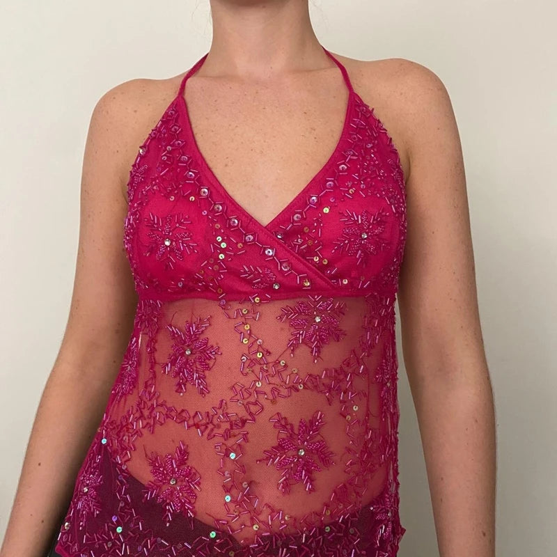 Women's Sequin Halter Tank Tops Sleeveless V-Neck Backless Slim Fit Sheer Mesh Vest Y2k Sparkle Club Party Rave Outfit
