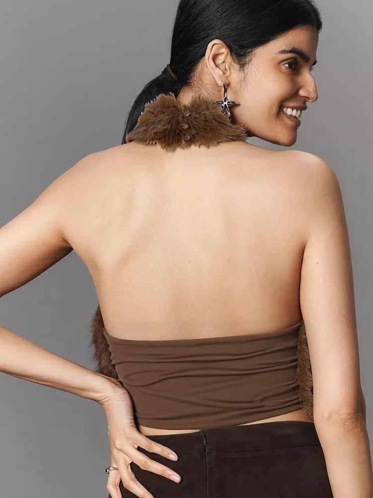 Off Shoulder Sexy Furry Tank Tops Woman Autumn Trend Halter Backless Hottie High Street Fashion Wild Style Classic Vest