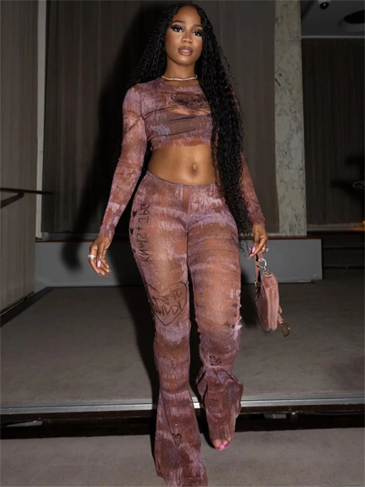 Fashion Print Sexy See Through 2 Piece Set Women o-Neck Full Sleeve Crop Tops+Straight Flared Pants Hottie Streetwear