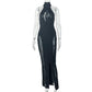 Sexy Women Backless Halter Mesh See Through Maxi Dress Long Ribbon Tie Back High Split Slim Fit Bodycon Party Long Gown