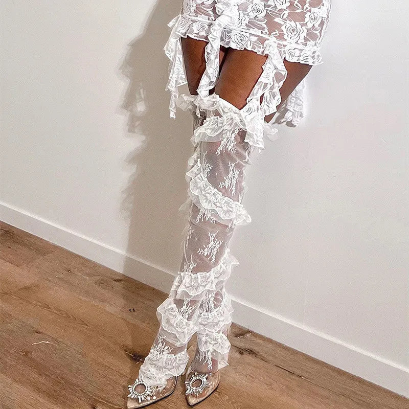 Halloween Women Floral Lace Thigh High Socks Multi Tier Ruffle Sheer Mesh Over Knee Stockings Cosplay Party Hosiery