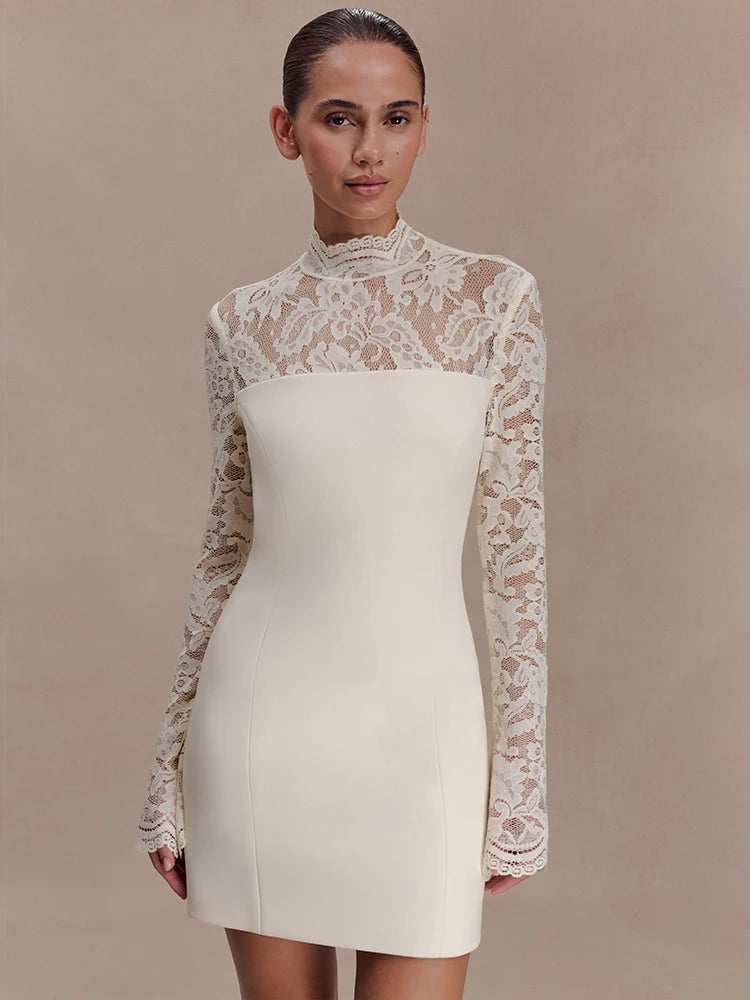 Women Elegant Lace Patchwork Sexy Mini Dress Fashion High Neck Long Flare Sleeve Backless Bodycon Club Party Dresses