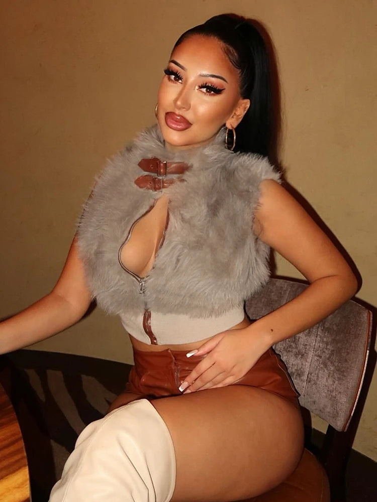 Sexy Furry Tank Tops Women Autumn Trend Patchwork Zip Metal Leather Buckle Slim Hottie Wild Street Clubwear Waistcoat