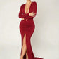 High Split Elegant Deep V-Neck Dress Women Sexy Simple Ruched Full Sleeve Fashion Classic Banquet Party Club Maxi Bodycon