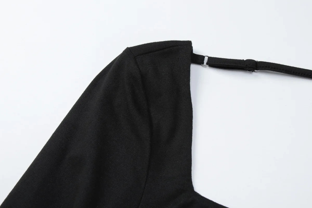 Square Neck Cutout Backless Bodysuits Women Sexy Long Sleeve Tops Black White Tees Trending